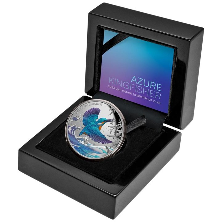 Niue: Azure Kingfisher kolorowany 1 uncja Srebra 2023 Proof