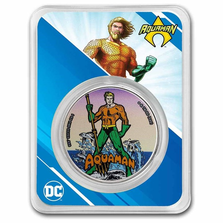 Samoa: DC Comics – Aquaman barevná 1 unce stříbra 2023 Slab