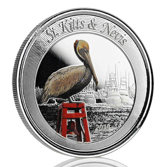 San Cristóbal y Nieves: Pelícano marrón coloreado 1 oz Plata 2019 Proof