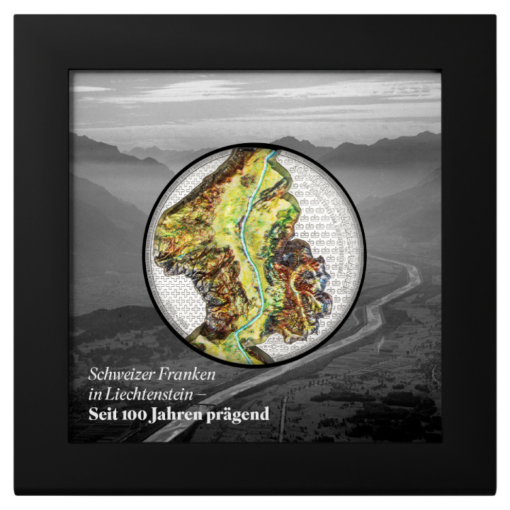 Liechtenstein: 100 éves a svájci frank Liechtensteinben színes 2 uncia ezüst 2024 Selyemérme