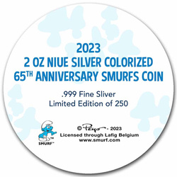 Niue: I Puffi - 65° anniversario colorato 2 once d'argento 2023 Proof High Relief