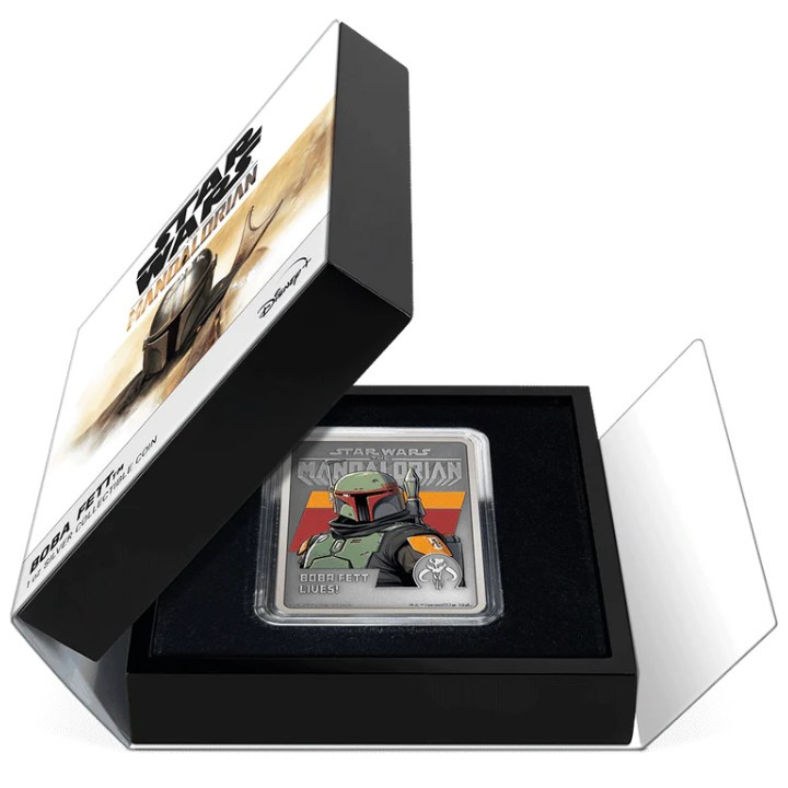 Niue: Star Wars The Mandalorian – Boba Fett kolorowany 1 uncja Srebra 2022 Antiqued Finish