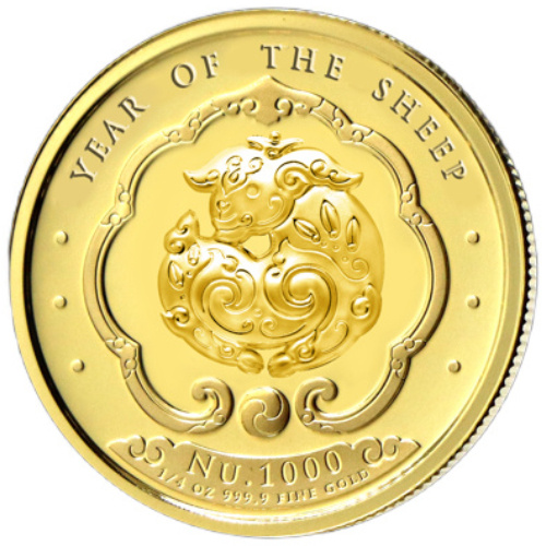 Monnaie en or Bhoutan : Année lunaire du Mouton colorisée 1/4 once d'or 2027 Proof Ultra High Relief