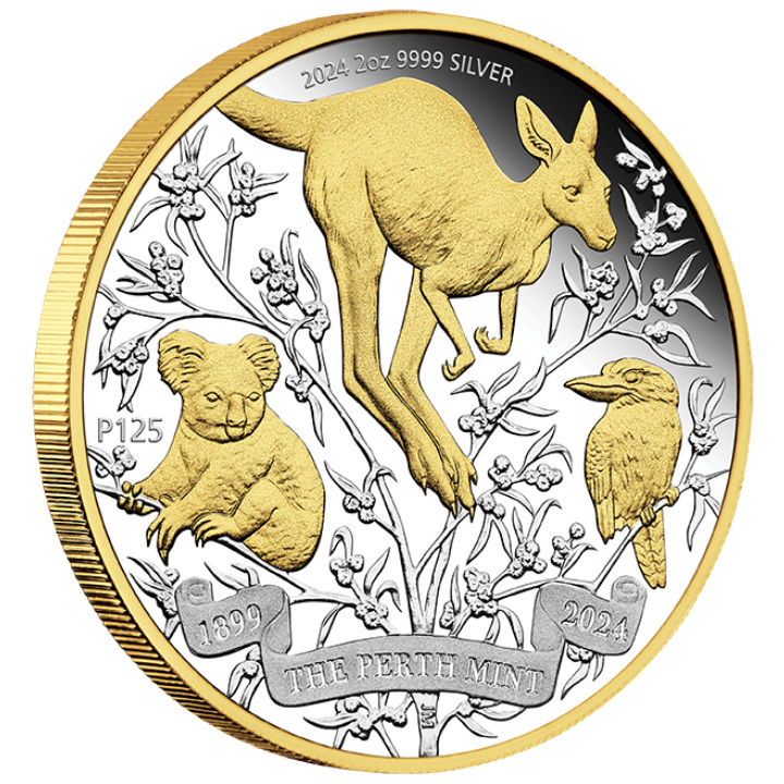 Perth Mint 125. évforduló aranybevonatú 2 uncia ezüst 2024 Proof