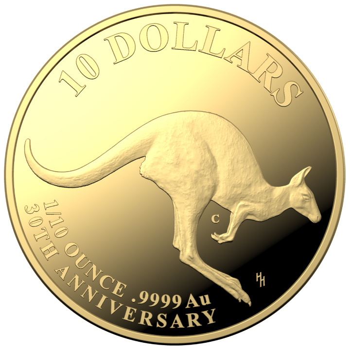 RAM : Kangaroo Series 30th Anniversary – Mob of Thirty 1/10 oz Gold 2023 Proof C" Mintmark 