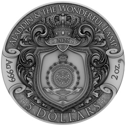 Niue: Aladin a Kouzelná Lampa kolorovaná/pozlacená 2 oz Stříbra 2025 Mince s antickou úpravou