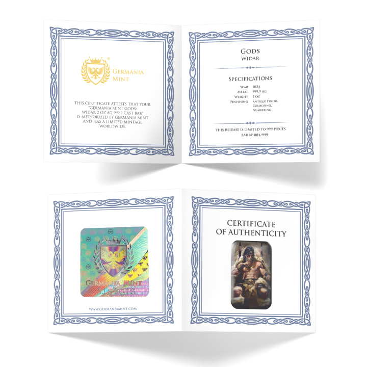 Lingotto Germania Mint: Gods - Widar colorato 2 once d'argento 2024 Antique Finish