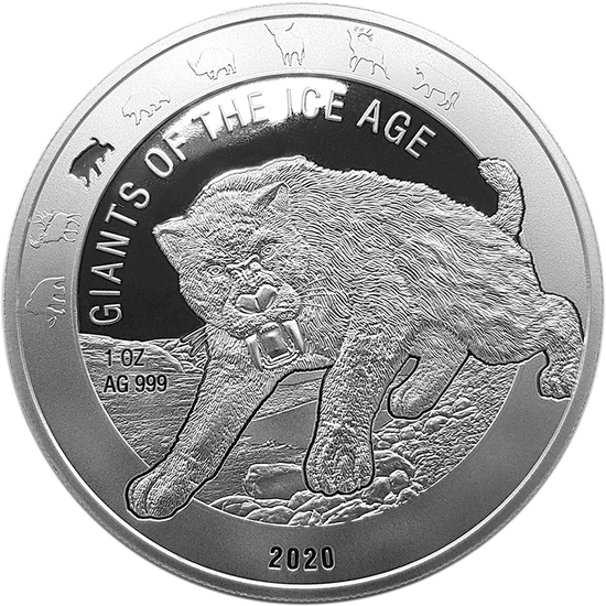 Ghana: Gigantes de la Edad de Hielo - Tigre Dientes de Sable 1 oz Plata 2020