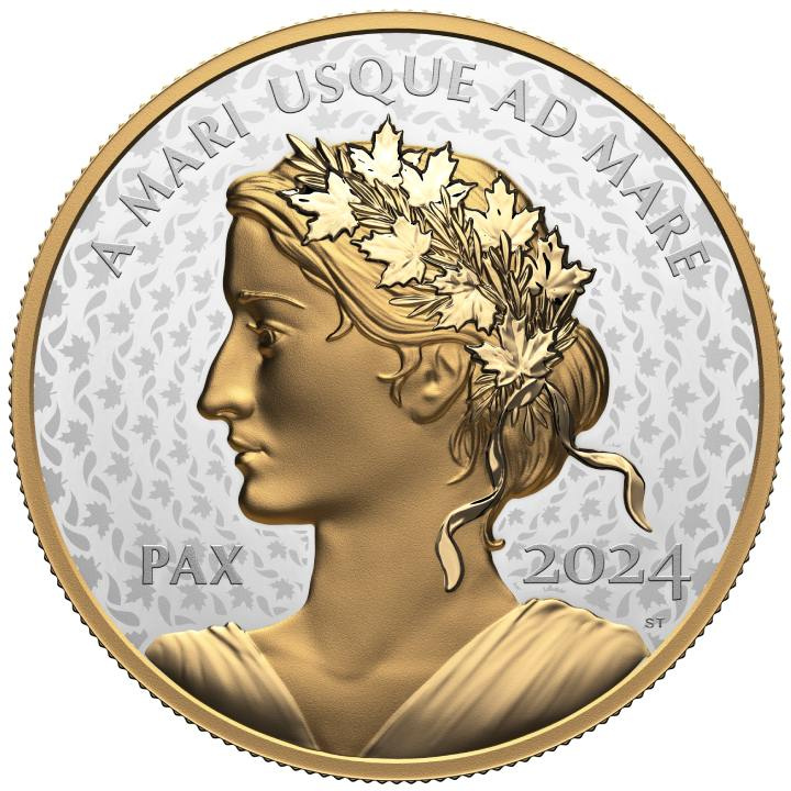 Canada: Peace Dollar placcato in oro 5 once d'argento 2024 Proof Ultra High Relief Coin