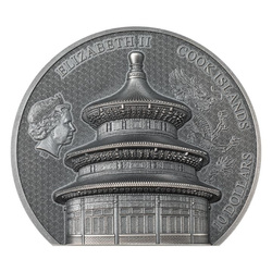 Cookovy ostrovy: Peking – Chrám nebes 2 unce stříbra 2023 Ultra High Relief Antiqued Coin