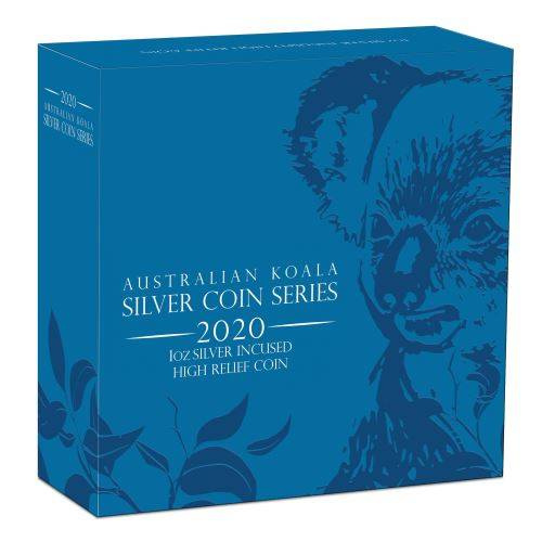 Koala 1 oz Plata 2020 Alto Relieve Incrustación