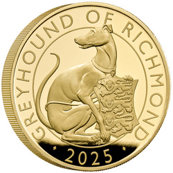 The Royal Tudor Beasts: Il levriero di Richmond 5 once d'oro 2025 Proof