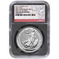 Britannia 1 oncia d'argento 2017 20° anniversario Privy NGC Gem Non circolata Primo giorno di emissione