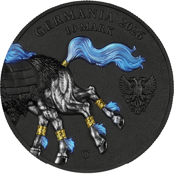 Médaille en argent Germania Beasts - Sleipnir colorisée, dorée 2 onces d'argent 2026 Ultra Double High Relief