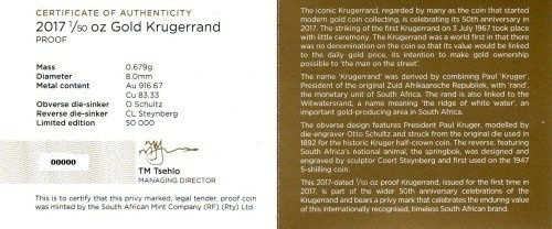 Krugerrand 1/50 uncji Złota 2017 (50 rocznica)