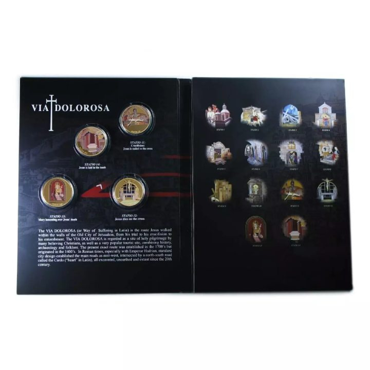 Set 14 monede Via Dolorosa colorată aurită Bronz 2016 Prooflike
