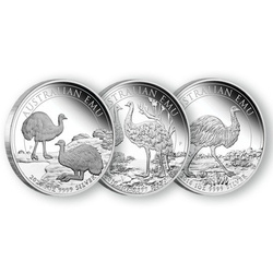 Ensemble Émeu australien - Pièce en argent Proof 1 once 2018, 2019 et 2020