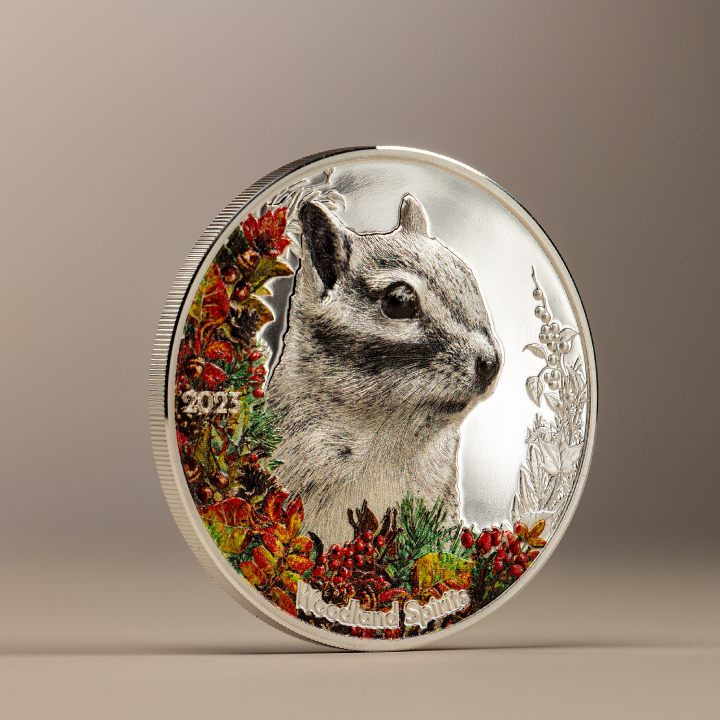 Mongolia: Woodland Spirits - Chipmunk kolorowany 1 uncja Srebra 2023 Proof High Relief