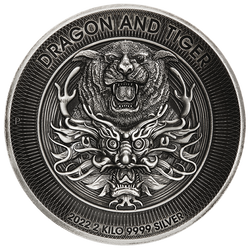 Drago e tigre 2000 grammi d'argento 2022 Antiqued High Relief