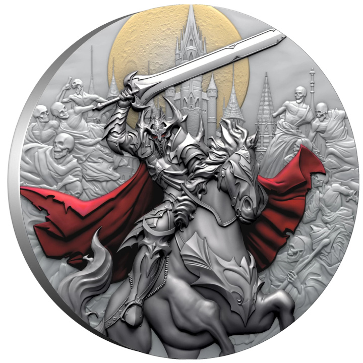 Libéria: Darkness Rider színes, aranyozott 5 dolláros ezüst 2024 magas dombornyomott antikolt érme