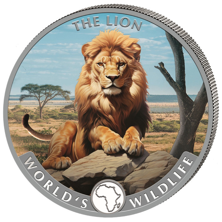 Congo: World’s Wildlife – Lion 1 kolorowany uncja Srebra 2025