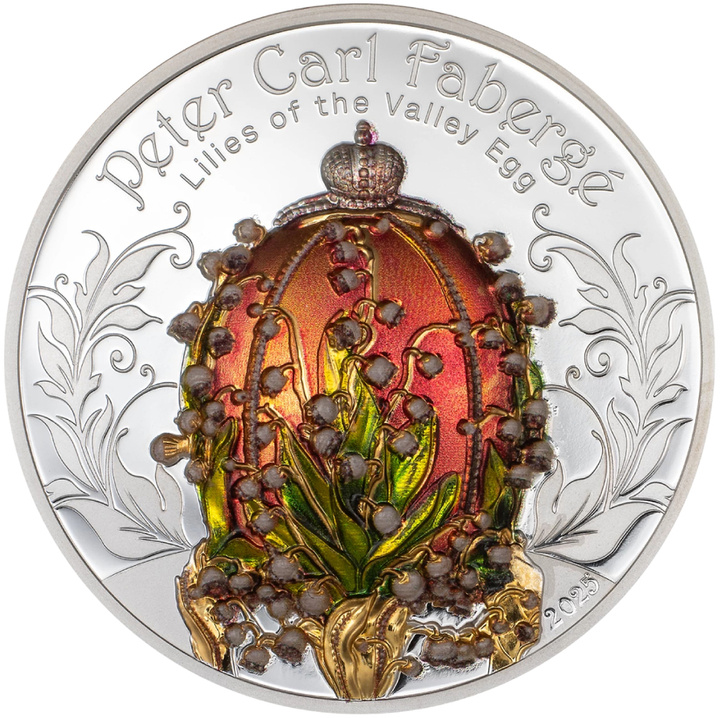 Mongolia: Peter Carl Fabergé - Lilies of the Valley Egg colorato, placcato in oro 2 once d'argento 2025 Proof