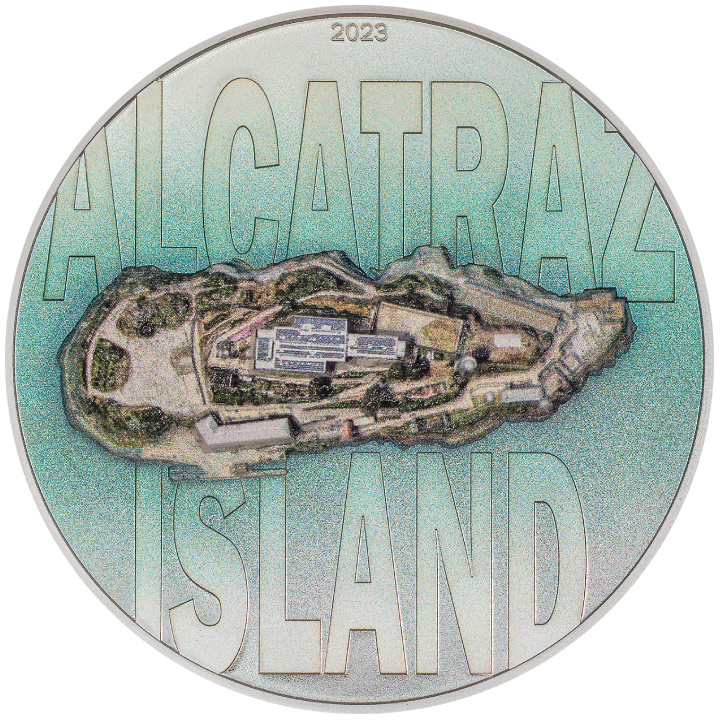Isole Cook: Isola di Alcatraz colorata 3 once d'argento 2023 Proof Ultra High Relief