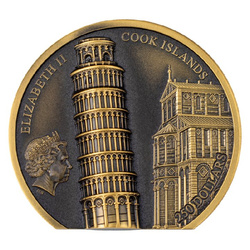 Cookovy ostrovy: Šikmá věž v Pise 1 unce zlata 2022 Ultra High Relief Antiqued Coin