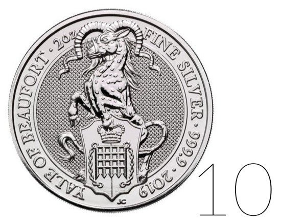Les bêtes de la reine : Yale Beaufort 2 onces d'argent 2019 PAQUET DE 10 PIÈCES