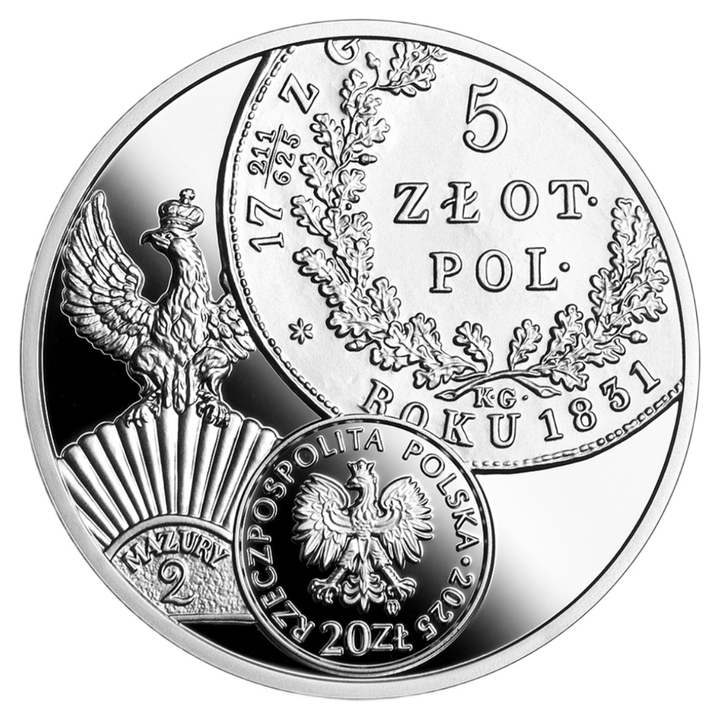 Historie polské mince – 5 zlotých z období Listopadového povstání, 20 zlotých, stříbro, 2025, proof, složka/etue