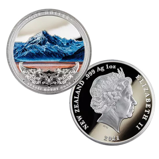 Discover New Zealand: Aoraki Góra Cooka kolorowana 1 uncja Srebra 2021 Proof