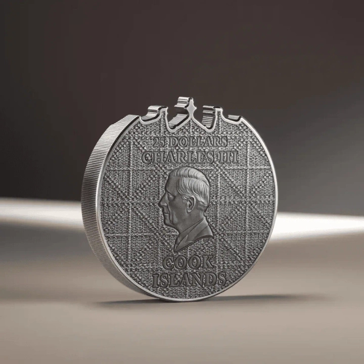 Cookinseln: Petra Al‑Khazneh, koloriert, 5 Unzen Silber, 2025, Antik‑Finish, Hochrelief.