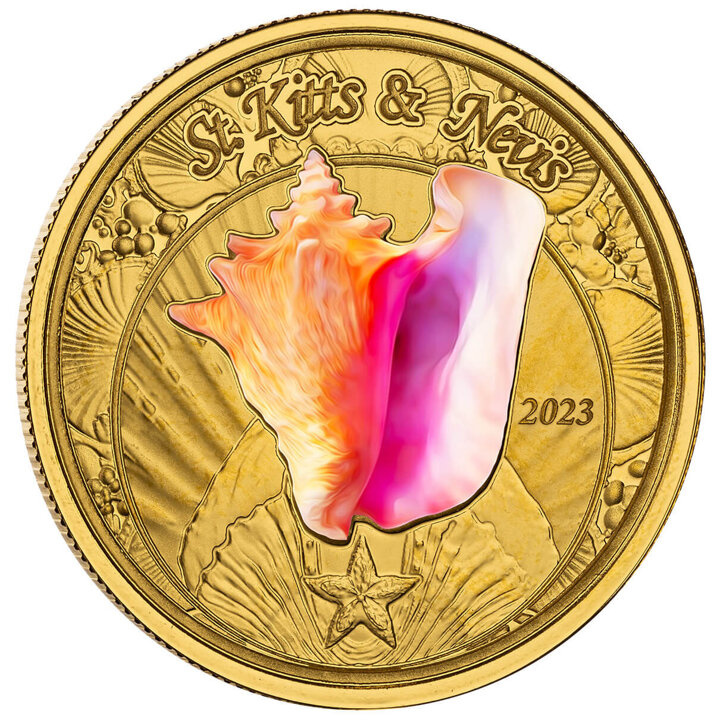 Saint Kitts e Nevis: Conchiglia colorata 1 oncia d'oro 2023 Proof