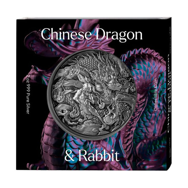 Tokelau: Auspicious Dragon Zodiac - Chinese Dragon & Rabbit 2 unce stříbra 2023 High Relief Antiqued Coin