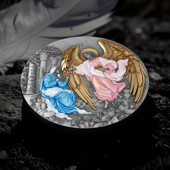 Niue: Gabriel kolorowany/pozłacany 2 uncje Srebra 2025 Antiqued Coin