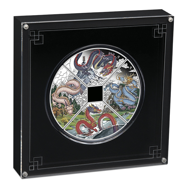Conjunto de 4 monedas Tuvalu: Año del Dragón Cuadrante coloreado 4 x 1 oz Plata 2024 Proof