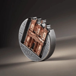 Cook Islands: Petra Al-Khazneh kolorowany 5 uncji Srebra 2025 Antiqued High Relief