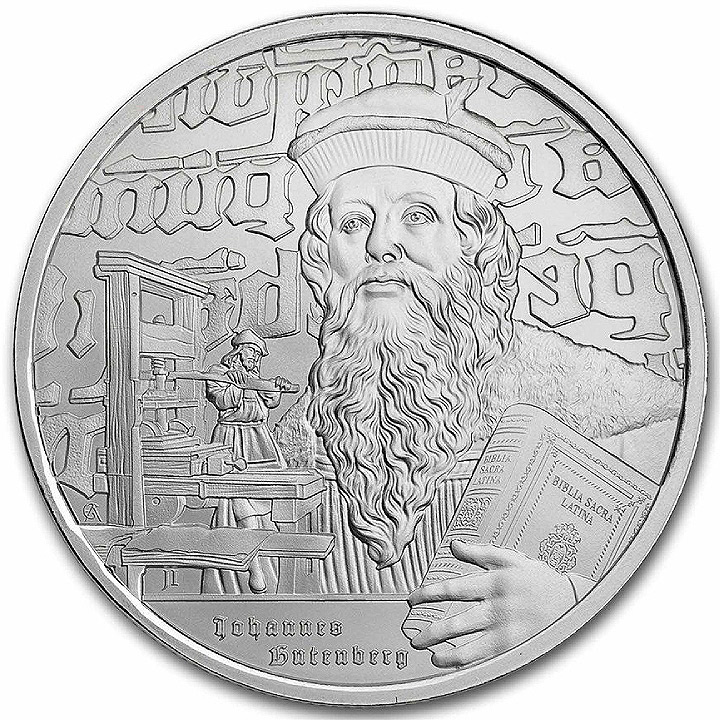 Niue: Icons of Inspiration - Johannes Gutenberg 1 uncja Srebra 2024