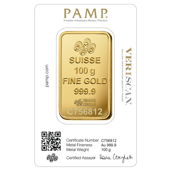 Lingot Pamp Suisse Fortuna Veriscan 100 grammes d'or LBMA GD Refiner