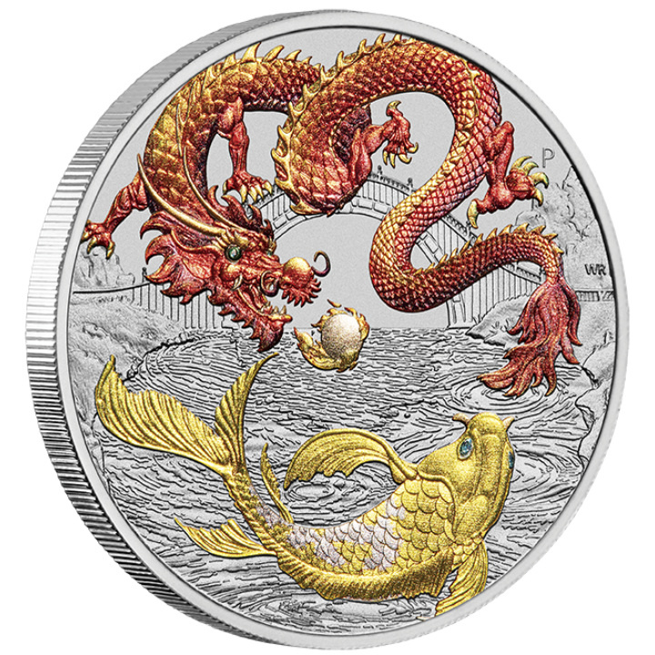 Miti e leggende cinesi: Drago e Koi colorato rosso-oro 1 oncia d'argento 2023