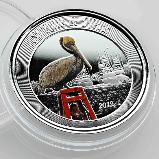 St. Kitts & Nevis: Brown Pelican coloured 1 oz Silber 2019 Proof