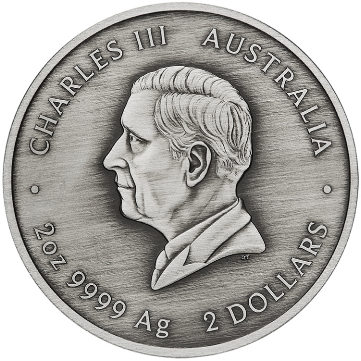 Kookaburra Kaa-Kaa kolorowany 2 uncje Srebra 2024 Antiqued Coin