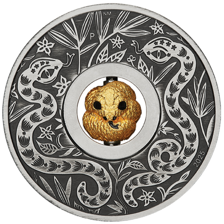 Tuvalu: Lunar III - Año de la Serpiente 1 oz Silver 2025 Rotating Charm Antiqued Coin