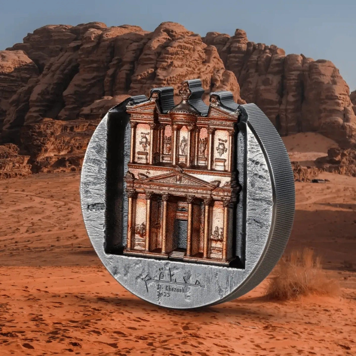 Islas Cook: Petra Al‑Khazneh, 5 onzas de plata coloreada, 2025, alto relieve con acabado envejecido.