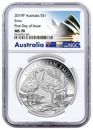 Ému australien 1 once d'argent 2019 MS 70 NGC Premier jour d'émission