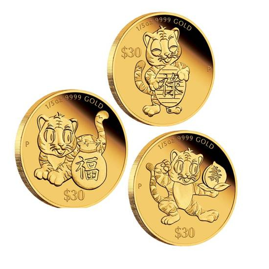 Set di 3 monete Tuvalu: Chinese Astrological - Anno del Tigre 3 x 1/5 oncia d'oro 2022 Proof