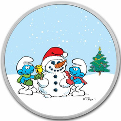 Niue: Smurfs and Snowman coloured 1 oz Silber 2023 Slab Coin