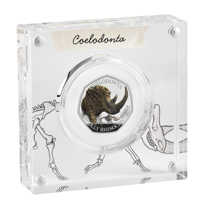 Ice Age Giants - Woolly Rhinoceros kolorowany 50p Srebro 2024 Proof