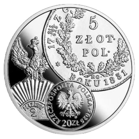 Storia della moneta polacca – 5 zloty del periodo dell’Insurrezione di Novembre, 20 zloty in argento, 2025, proof, folder/astuccio.