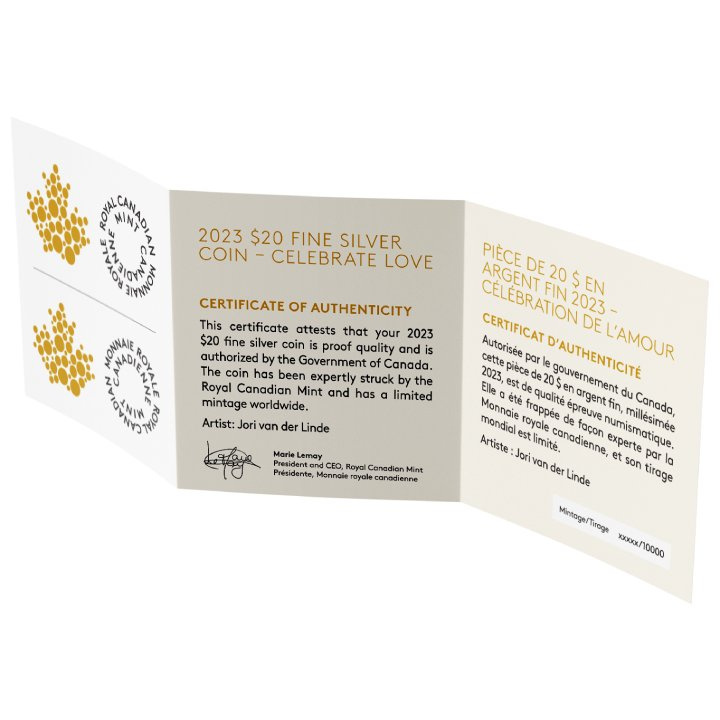 Canada: Celebrate Love $20 Silver 2023 Proof Gilded Coin